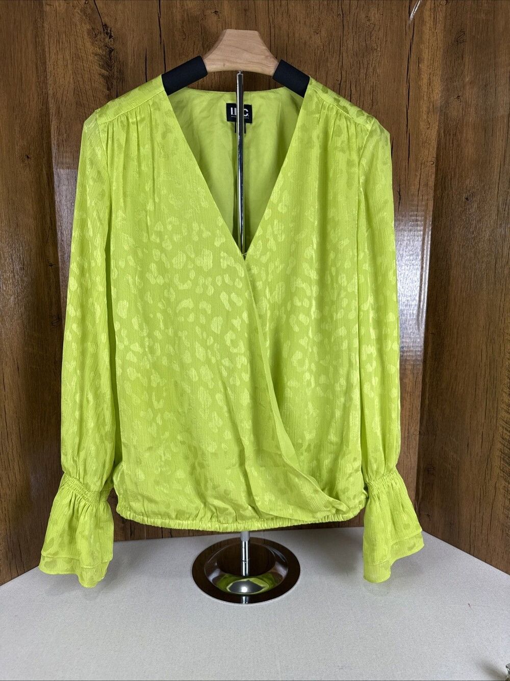 INC Lime Green Neon Leopard Jacquard Blouse Medium M Wrap Front Flared Cuff Top